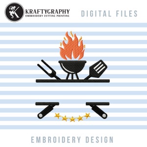 Grill Split Monogram Embroidery Designs, Family Barbeque Embroidery Patterns, Bbq Pes Files, Fire Jef, Kitchen Towels Hus, Apron Dst