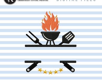 Grill Split Machine Embroidery Design: BBQ pattern for Towels and Aprons