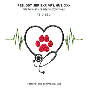 May include: A black and white illustration of a stethoscope in the shape of a heart with a red paw print inside. The heart is surrounded by a green ECG line.