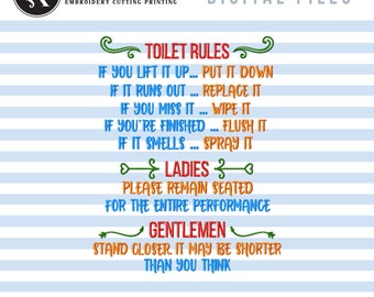 Toilet Rules Machine Embroidery Design for Funny Bathroom Decor, 3 sizes