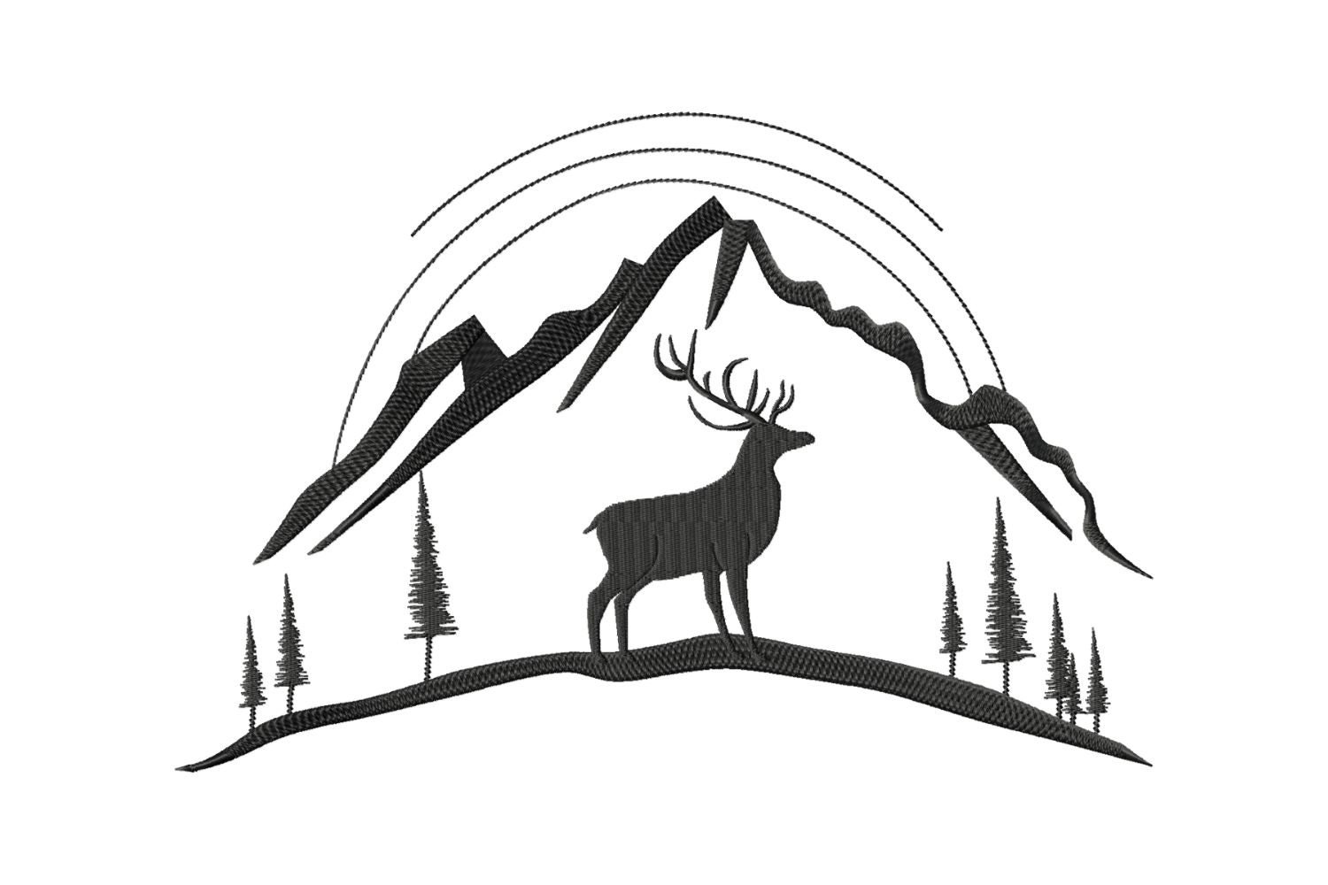 Deer and Mountain Scene Machine Embroidery Design, Outdoor Embroidery Patterns, Wild Life Embroidery Files, Camping, Nature Lover, Hiking