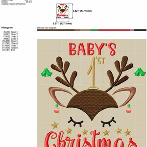 Pu&ograve; includere: Disegno ricamato di una renna con gli occhi chiusi, corna e un naso rosso. La renna indossa una corona dorata e sotto sono ricamate le parole "BABY'S 1ST CHRISTMAS".