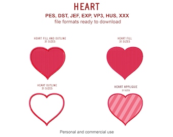 Può includere: Quattro diversi disegni di ricamo a forma di cuore in rosso e rosa. I disegni includono un cuore pieno, un cuore con contorno, un cuore pieno con contorno e un cuore a righe. Il testo "HEART" è in alto nell'immagine, e il testo "PES, DST, JEF, EXP, VP3, HUS, XXX file formats ready to download" è in basso nell'immagine. Il testo "HEART FILL AND OUTLINE 31 SIZES" è sopra il cuore pieno con contorno. Il testo "HEART FILL 31 SIZES" è sopra il cuore pieno. Il testo "HEART OUTLINE 31 SIZES" è sopra il cuore con contorno. Il testo "HEART APPLIQUE 21 SIZES" è sopra il cuore a righe. Il testo "Personal and commercial use" è in basso nell'immagine.