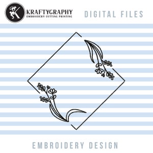 May include: Black and white line art embroidery design featuring a square frame with floral accents. The design is on a blue and white striped background.