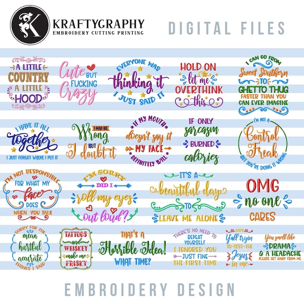 Paquete de diseños originales de bordado a máquina: frases divertidas para adultos, varios tamaños