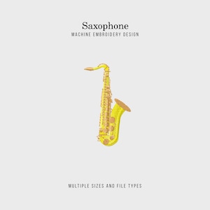Pode incluir: Um design de bordado à máquina de saxofone amarelo. A imagem apresenta o texto "Saxophone MACHINE EMBROIDERY DESIGN" na parte superior e "MULTIPLE SIZES AND FILE TYPES" na parte inferior. O saxofone é um instrumento musical.