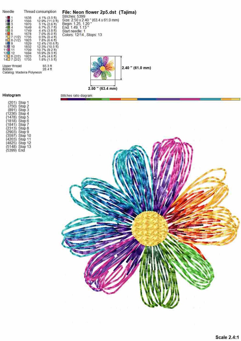 Daisy flower machine embroidery design, colorful flower line embroidery files, multiple sizes image 4
