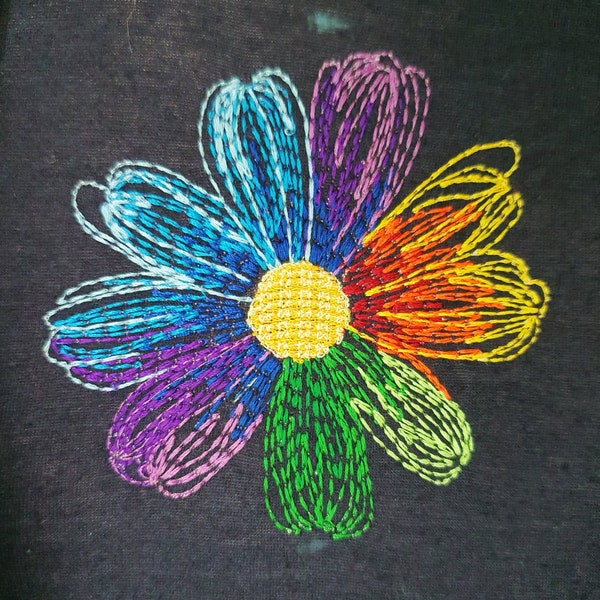 Daisy flower machine embroidery design, colorful flower line embroidery files, multiple sizes