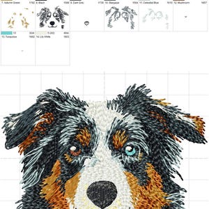 K&ouml;nnte beinhalten: Ein Stickmuster vom Gesicht eines Australian Shepherd Hundes mit schwarzem, wei&szlig;em und rostfarbenem Fell. Der Hund hat ein braunes und ein leuchtend blaues Auge. Das Design enth&auml;lt eine Farbkarte mit 14 Garnfarben und Ma&szlig;en von 97,0 x 70,4 mm.