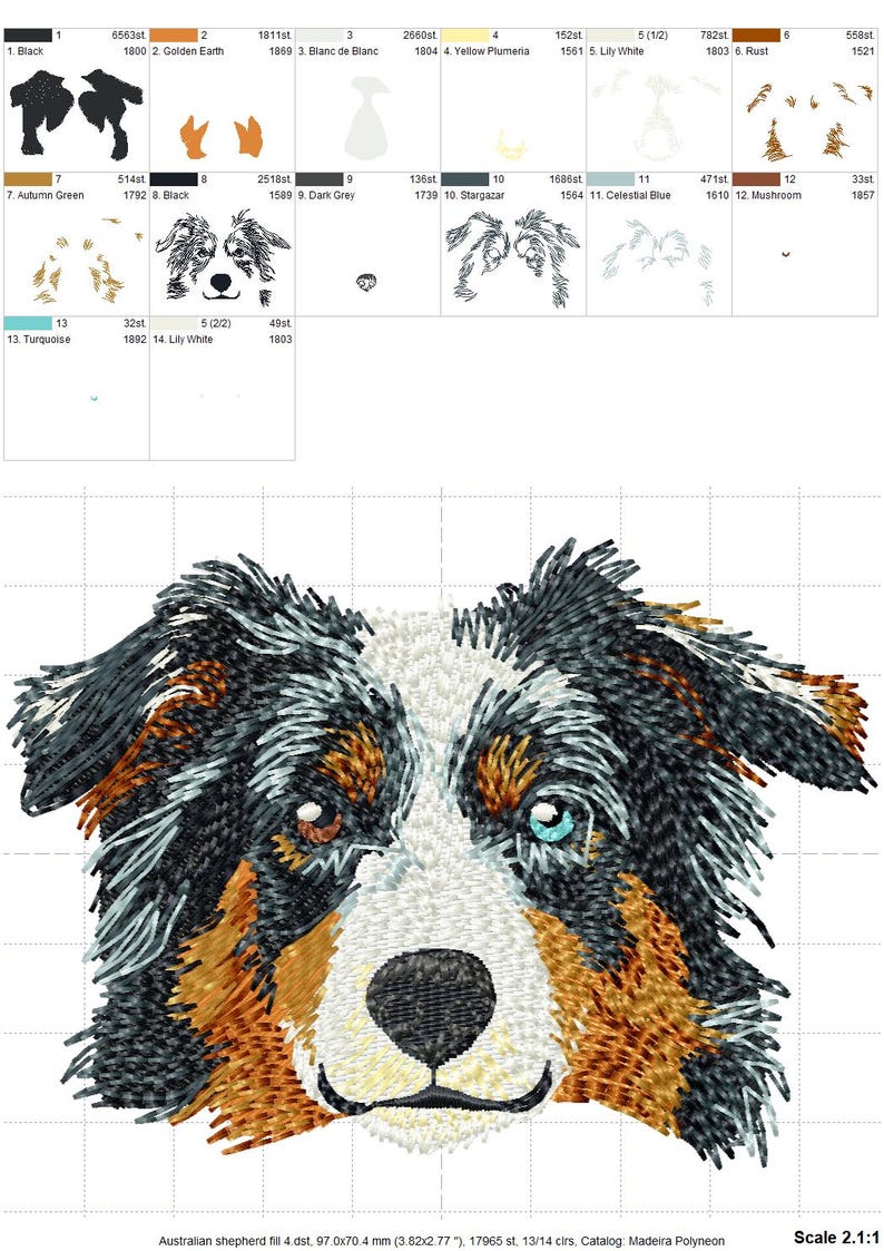 K&ouml;nnte beinhalten: Ein Stickmuster vom Gesicht eines Australian Shepherd Hundes mit schwarzem, wei&szlig;em und rostfarbenem Fell. Der Hund hat ein braunes und ein leuchtend blaues Auge. Das Design enth&auml;lt eine Farbkarte mit 14 Garnfarben und Ma&szlig;en von 97,0 x 70,4 mm.