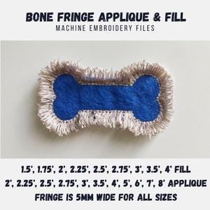 Könnte beinhalten: Eine beige applizierte Knochenform mit einem blauen Filzmittelteil und einem Fransenrand. Die Applikation ist in Größen von 1,5 Zoll bis 8 Zoll erhältlich. Die Franse ist 5 mm breit für alle Größen.  1.5', 1.75', 2', 2.25', 2.5', 2.75', 3', 3.5', 4' FILL 2', 2.25', 2.5', 2.75', 3', 3.5', 4', 5', 6', 7', 8' APPLIQUE FRINGE IS 5MM WIDE FOR ALL SIZES
