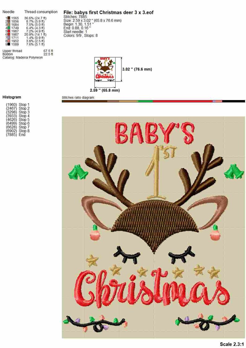 Pu&ograve; includere: Ricamo di una renna rossa e marrone con il testo "BABY'S 1st Christmas" in filo rosso e oro. Il disegno misura 7,6 cm per 7,6 cm.