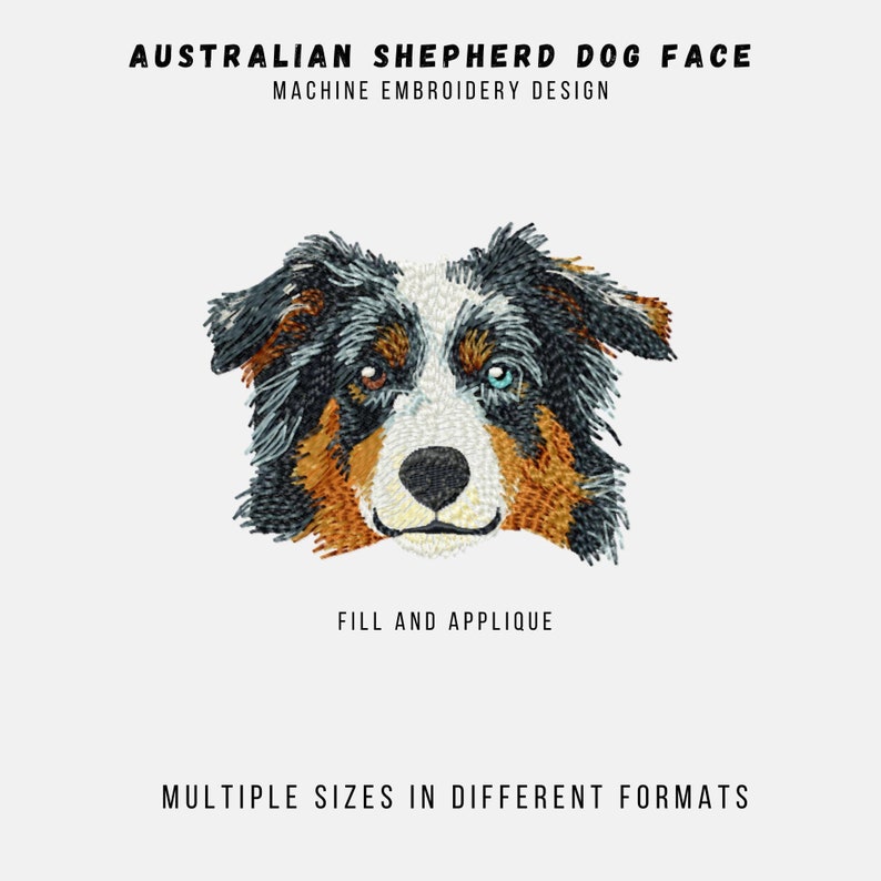 Australian shepherd colorful face machine embroidery design in fill and applique