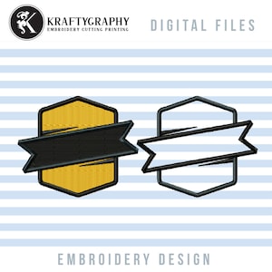 May include: Two embroidery designs featuring a hexagonal shield with a banner. The first design has a yellow shield with a black banner. The second design has a white shield with a white banner. Both designs are outlined in black.