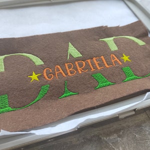 May include: Brown felt fabric embroidered with the name "GABRIELA" in orange thread. The letters are outlined in green, with a yellow star accent. The fabric is held in an embroidery hoop.