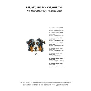 K&ouml;nnte beinhalten: Ein Stickmuster eines Australian Shepherd Hundegesichts mit schwarzem, braunem und wei&szlig;em Fell. Der Text enth&auml;lt die Dateiformate PES, DST, JEF, EXP, VP3, HUS, XXX und sieben Gr&ouml;&szlig;en von 64,2 x 46,6 mm bis 113,8 x 82,6 mm.