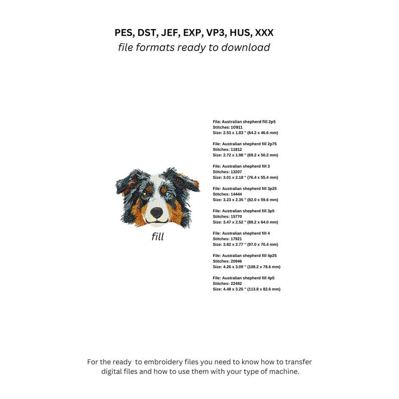 K&ouml;nnte beinhalten: Ein Stickmuster eines Australian Shepherd Hundegesichts mit schwarzem, braunem und wei&szlig;em Fell. Der Text enth&auml;lt die Dateiformate PES, DST, JEF, EXP, VP3, HUS, XXX und sieben Gr&ouml;&szlig;en von 64,2 x 46,6 mm bis 113,8 x 82,6 mm.