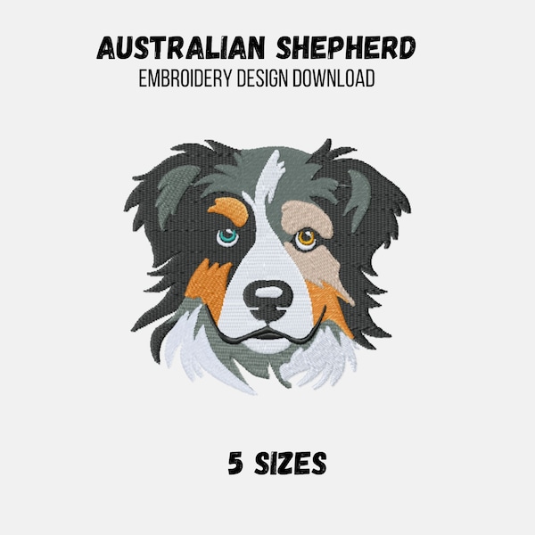 Australian shepherd colorful dog face machine embroidery design, fill stitch 5 sizes, cartoon dog pes embroidery files,