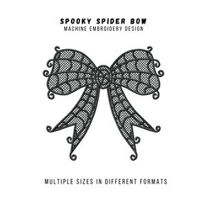 May include: Black machine embroidery design of a bow with a spiderweb pattern. The text "SPOOKY SPIDER BOW MACHINE EMBROIDERY DESIGN" is at the top. The text "MULTIPLE SIZES IN DIFFERENT FORMATS" is at the bottom.