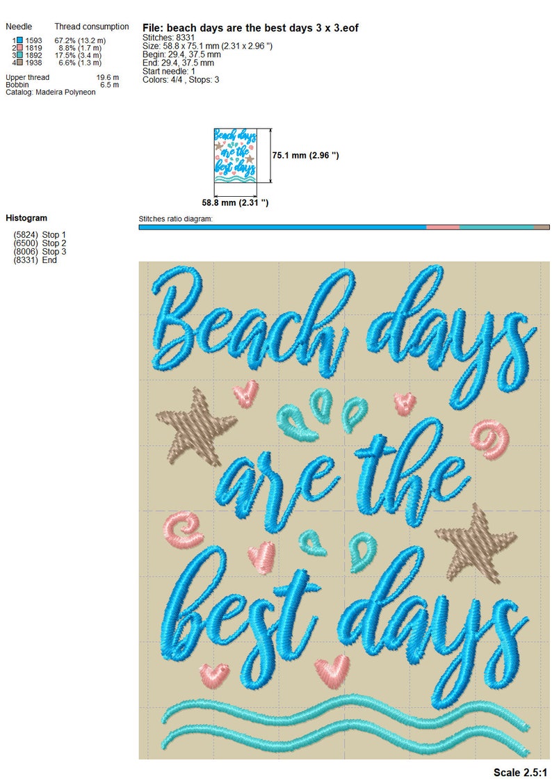 May include: Embroidered design featuring the text "Beach days are the best days" in blue cursive font. The design includes two starfish, hearts, and wavy lines in blue, pink, and brown.
