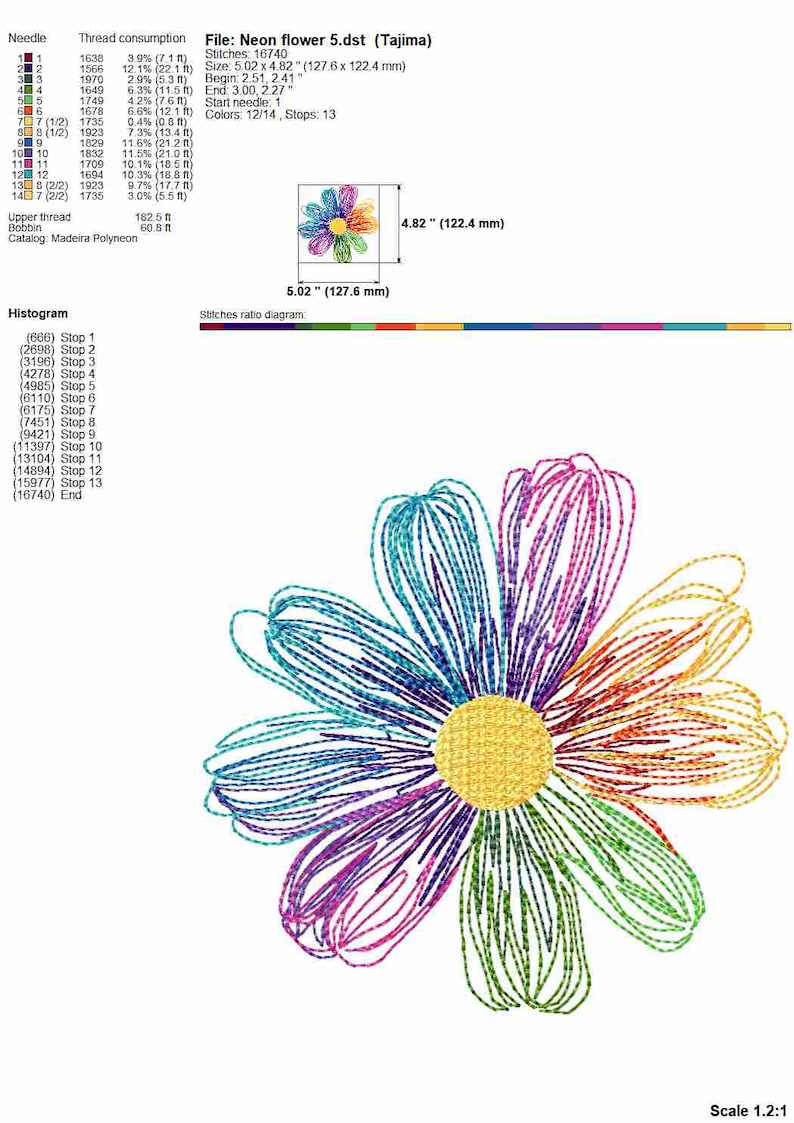 Daisy flower machine embroidery design, colorful flower line embroidery files, multiple sizes image 9