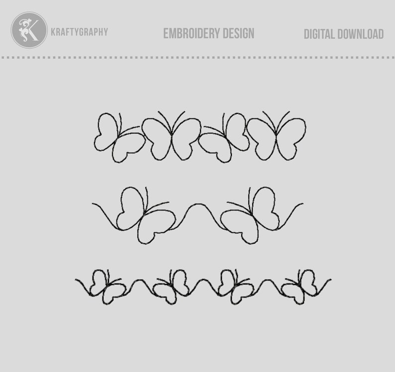 May include: Three embroidery designs featuring a row of butterflies. The top design has four butterflies, the middle design has two butterflies, and the bottom design has four butterflies.