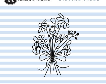 Wildflowers Bouquet Machine Embroidery Designs, Wild Flowers Outline Embroidery Patterns, Simple Bouquet Pes Files, One Line Flowers Jef