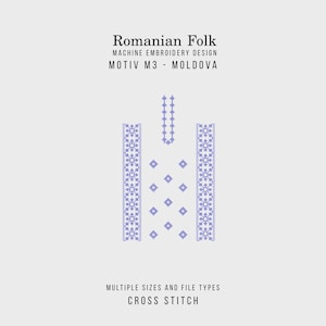 May include: A machine embroidery design labelled "Romanian Folk" with the text "MOTIV M3 - MOLDOVA." The design features a symmetrical, light purple cross-stitch pattern on a white background. The design includes geometric shapes and floral motifs. The text "MULTIPLE SIZES AND FILE TYPES CROSS STITCH" is also present.