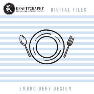May include: Black and white line art embroidery design of a plate, fork, and spoon. The design is on a blue and white striped background.  The text "EMBROIDERY DESIGN" is at the bottom of the image.
