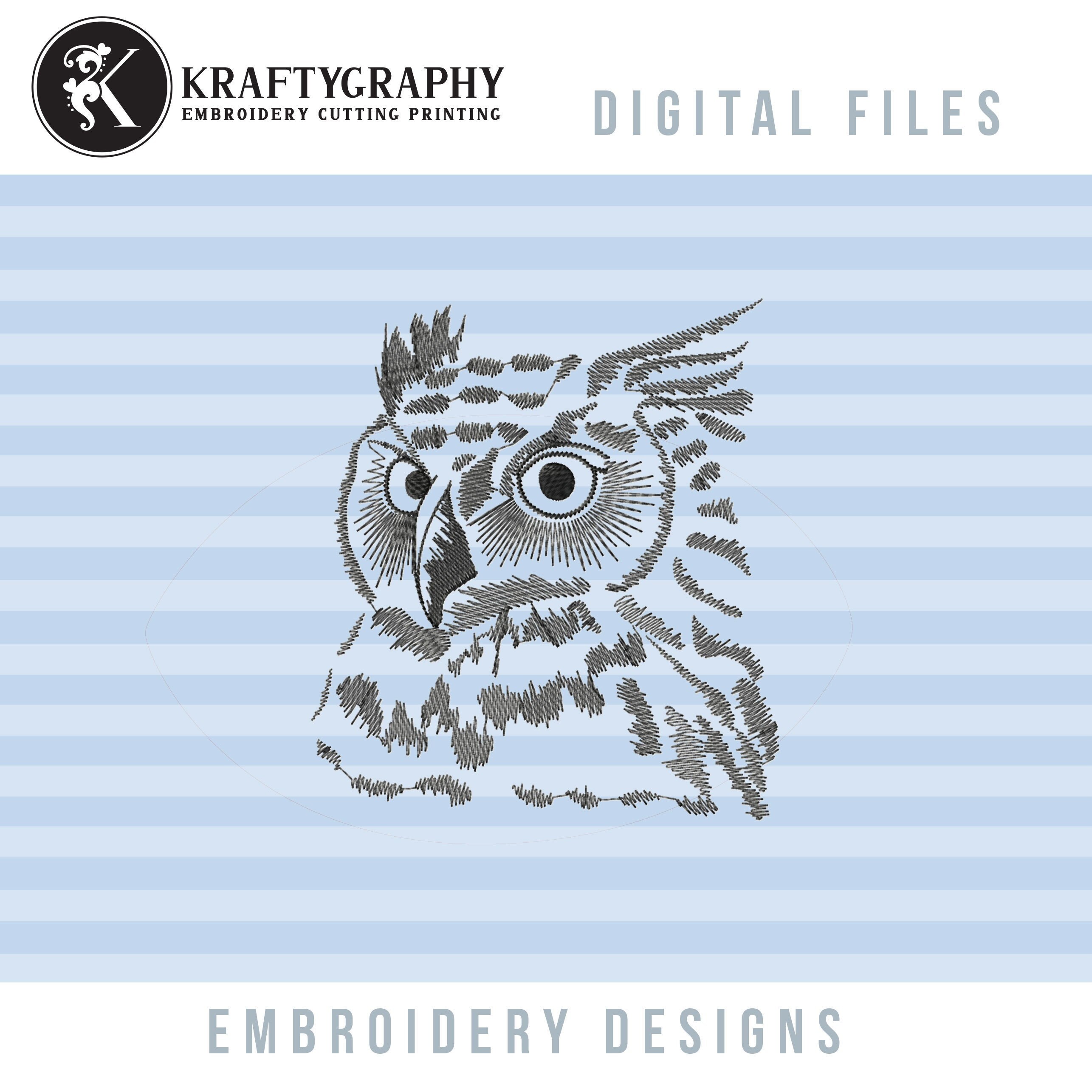 Night Owl Sketch Drawing Machine Embroidery Design, Forest Bird Embroidery Patterns, Barn Owl Pes Em