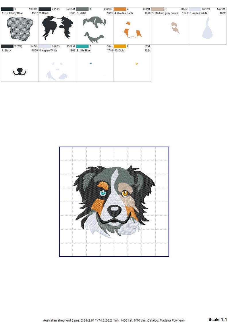 K&ouml;nnte beinhalten: Ein Stickmuster eines Australian Shepherd Hundekopfes mit schwarzen, dunkelblauen, wei&szlig;en, goldbraunen und graubraunen Garnfarben. Der Hund hat ein blaues und ein goldenes Auge sowie eine schwarze Nase und einen Mund auf einem Rasterhintergrund.