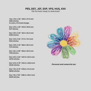 Daisy flower machine embroidery design, colorful flower line embroidery files, multiple sizes image 2