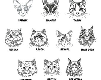 10 Cat breed faces machine embroidery outline designs in SKETCH style, cat head embroidery patterns for cat lovers