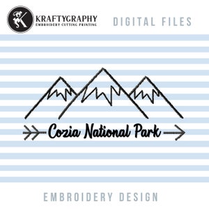 Peut inclure: Broderie en noir et blanc de trois montagnes avec le texte "Cozia National Park" et des flèches pointant vers la gauche et la droite.