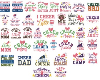 May include: A collection of 25 colourful cheerleading designs with text such as "Cheer Mom", "Cheer Leader", "Cheer Grandma", "Cheer Sister", "Cheer Aunt", "Cheer Cousin", "Cheer Camp", "Cheer Coach", "Cheer Captain", "Cheer Bro", "Cheer Besties", "Cheer Mimi", "Cheer Dad", "Cheer Hair Don't Care", "Cheer for a Cure", "Attitude Cheer with a Bow", "Bow & Bling it's Cheer Thing", "My Heart Beats in 8 Counts", "Glitter Bows & Pointed Toes", "Football & Cheer Mom", "Football & Cheer Grandma", "Football & Cheer Aunt", "I Cheer a Latte", "Eat Sleep Cheer Repeat", "Rockin' the Exhausted Cheer Mom", "Straight Outta Dance Practice", "Straight Outta Cheer Practice", "Living that Cheer Mom Life", "I'm a Big Bow Maker", "Breast Cancer Cheer".
