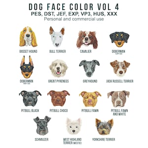 Könnte beinhalten: Illustrationen von Hundeporträts verschiedener Rassen, darunter Basset Hound, Bull Terrier und Yorkshire Terrier. Der Text "DOG FACE COLOR VOL 4" steht oben, zusammen mit Informationen zu Dateiformaten und Nutzung. Jeder Hund ist mit seinem Rassennamen beschriftet.
