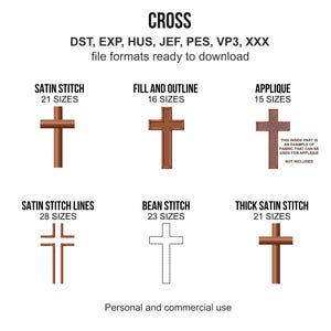 May include: A digital embroidery design set featuring a cross motif in six styles: satin stitch, fill and outline, applique, satin stitch lines, bean stitch, and thick satin stitch. Includes file formats DST, EXP, HUS, JEF, PES, VP3, and XXX.