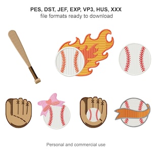 May include: A set of embroidery designs featuring baseball-themed images, including a baseball bat, a baseball glove, a baseball with flames, and a baseball with a ribbon. The designs are available in PES, DST, JEF, EXP, VP3, HUS, and XXX file formats.