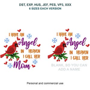 Mom Memorial Machine Embroidery Design with Cardinal and Snowflakes, Multiple Sizes