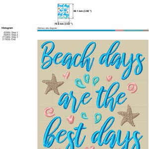May include: Embroidered design featuring the text "Beach days are the best days" in blue cursive font. The design is surrounded by blue and pink seashells, brown starfish, and blue waves.