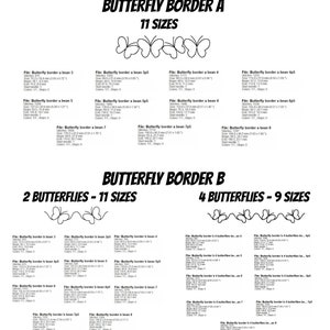 May include: A black and white digital design sheet featuring butterfly border patterns in 11 different sizes. The sheet includes two sections, one labeled "Butterfly Border A" and the other labeled "Butterfly Border B".