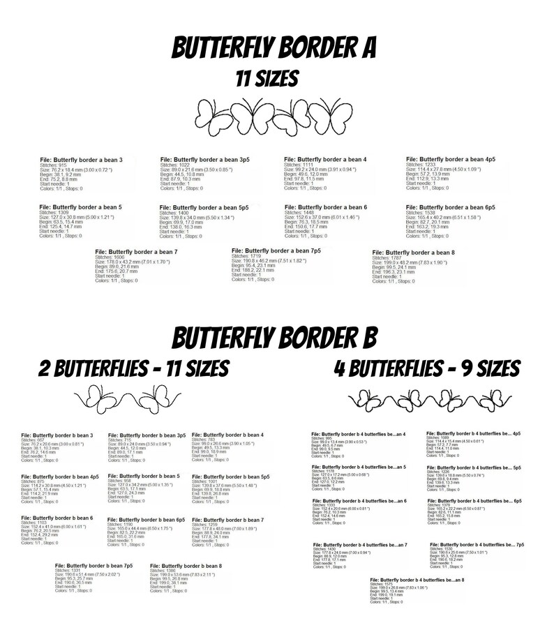 May include: A black and white digital design sheet featuring butterfly border patterns in 11 different sizes. The sheet includes two sections, one labeled "Butterfly Border A" and the other labeled "Butterfly Border B".