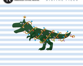 Christmas Tree Dinosaur Embroidery Designs, Dinosaur Christmas Embroidery Patterns, Tree Rex fill embroidery, Cartoon T-Rex Pes Files,