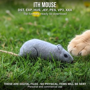 Peut inclure: Une souris grise en feutre avec une queue en ficelle est posée dans l'herbe verte, près d'une patte de chat beige. L'image comprend le texte "ITH MOUSE" et des détails de format de fichier.