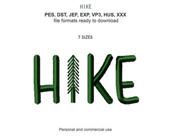 Hike Word Art Machine Embroidery Designs, Pine Tree Embroidery Patterns, Hiking Pes Files, Outdoor Embroidery Files, Hiker Jef