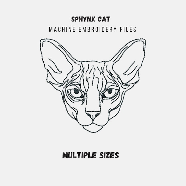 Sphynx cat face machine embroidery design, SKETCH style embroidery patterns of cat outline, multiple sizes, cat line art