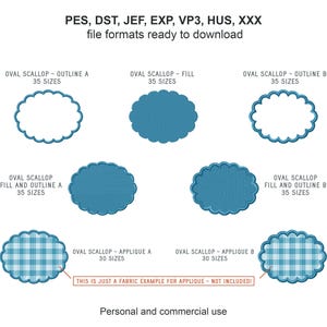 May include: A digital download of 35 different sizes of oval scallop embroidery designs in outline, fill, and fill and outline styles. The designs are shown in blue and white. The text "This is just a fabric example for applique - not included!" is also shown.