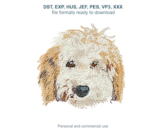 May include: An embroidery design of a dog face with shaggy white and tan fur, dark eyes, and a black nose. The text above reads DST, EXP, HUS, JEF, PES, VP3, XXX file formats ready to download. The text below reads Personal and commercial use.