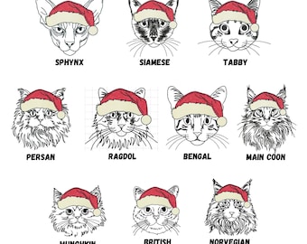 10 Cat face with Santa hat machine embroidery SKETCH designs for Christmas, cat breeds embroidery patterns for cat lovers gifts
