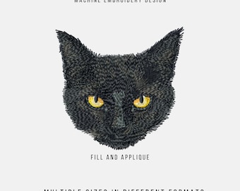 Black Cat Face Machine Embroidery Design: Fill and Applique (Digital File)